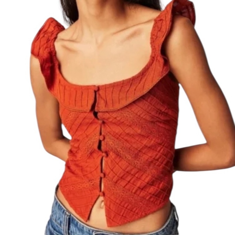 LN Free People Riviera Rust Burnt Orange Lace Smocked Ruffle Crop Top - S
